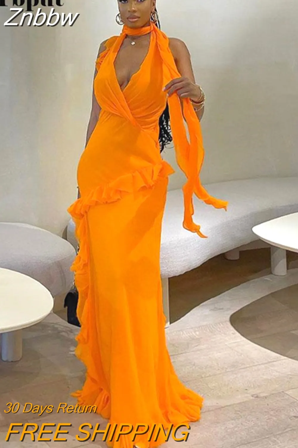 Znbbw Women Elegant Irregular Ruffles Slim Long Dress 2023 Summer Sexy V-neck Sleeveless Halter Maxi Dresses Beach Party Club Gowns