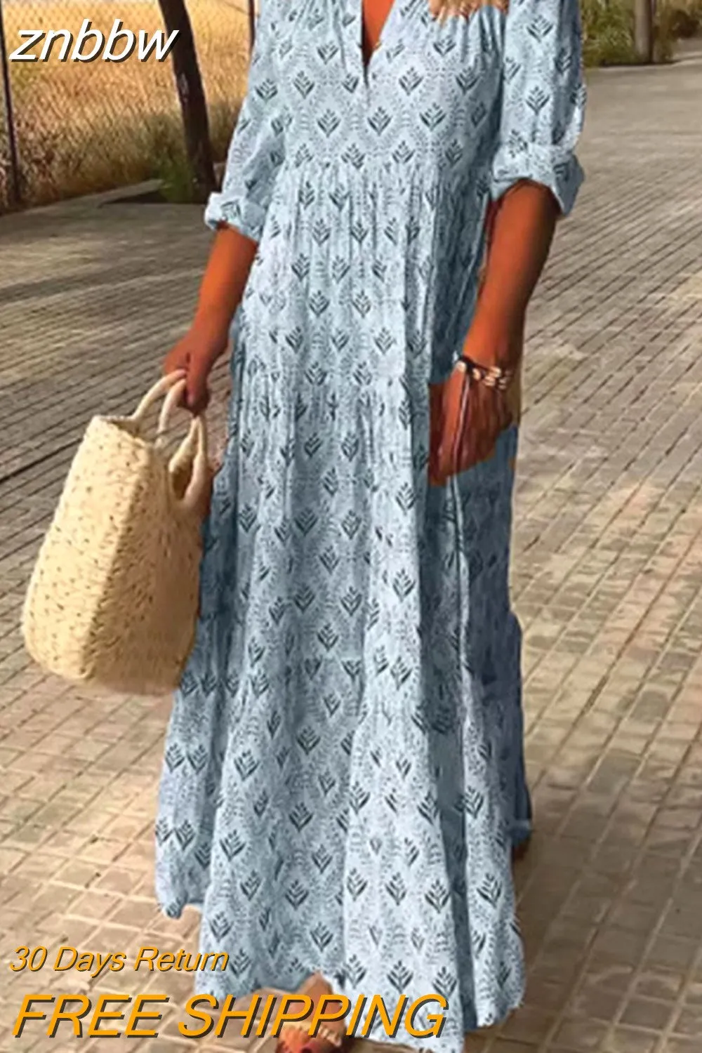 znbbw Women Long Sleeve Boho Pattern Maxi Dress Female Harajuku Fashion Pleat Dresses Vintage Casual Oversized Print Streetwear Dress - Image 2