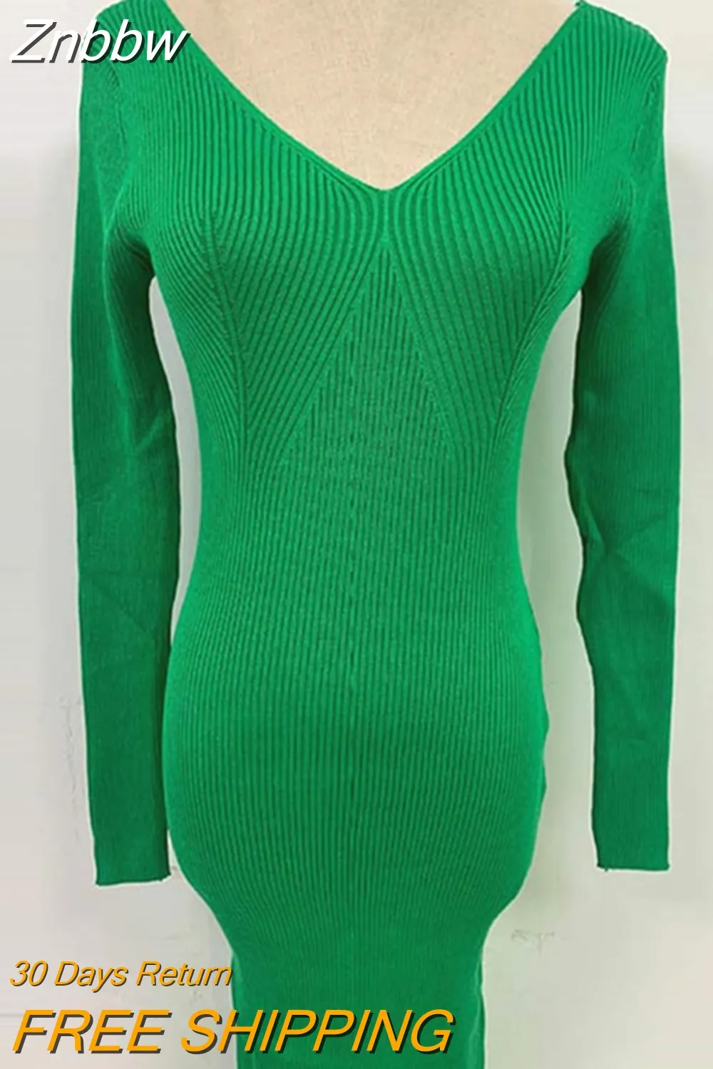 Znbbw Women Winter Knitted Backless Elegant Sweater Dress Casual Long Sleeve V-Neck Slim Skirt Lady 2023 New Bodycon Midi Dresses - Image 8