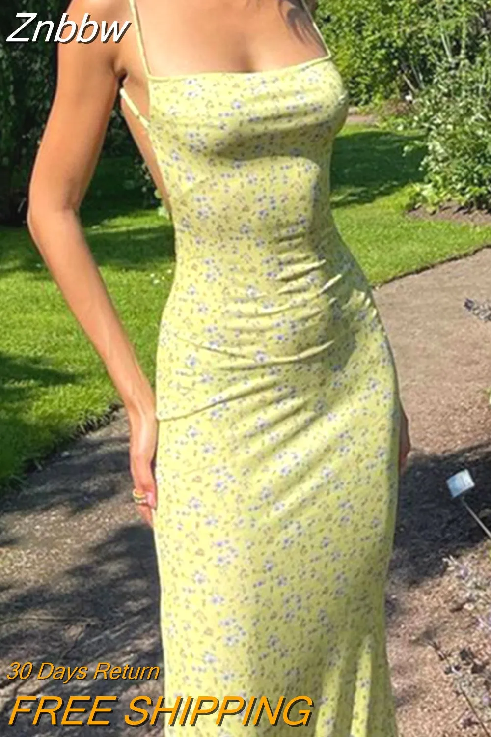 Znbbw Trendy Retro Sexy Floral Print Backless Slip Dress Summer Casual Women Sleeveless Low Cut Bodycon Maxi Dress for Club Party