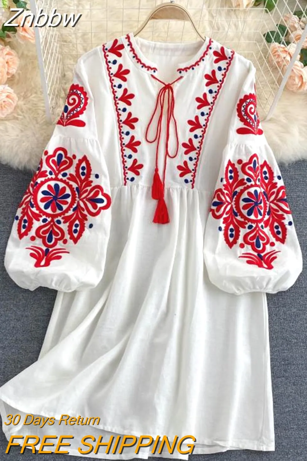 Znbbw Autumn Women's Retro Ethnic Embroidered Dress Lantern Sleeves Bohemian Holiday Dress Women GD678 - Image 5