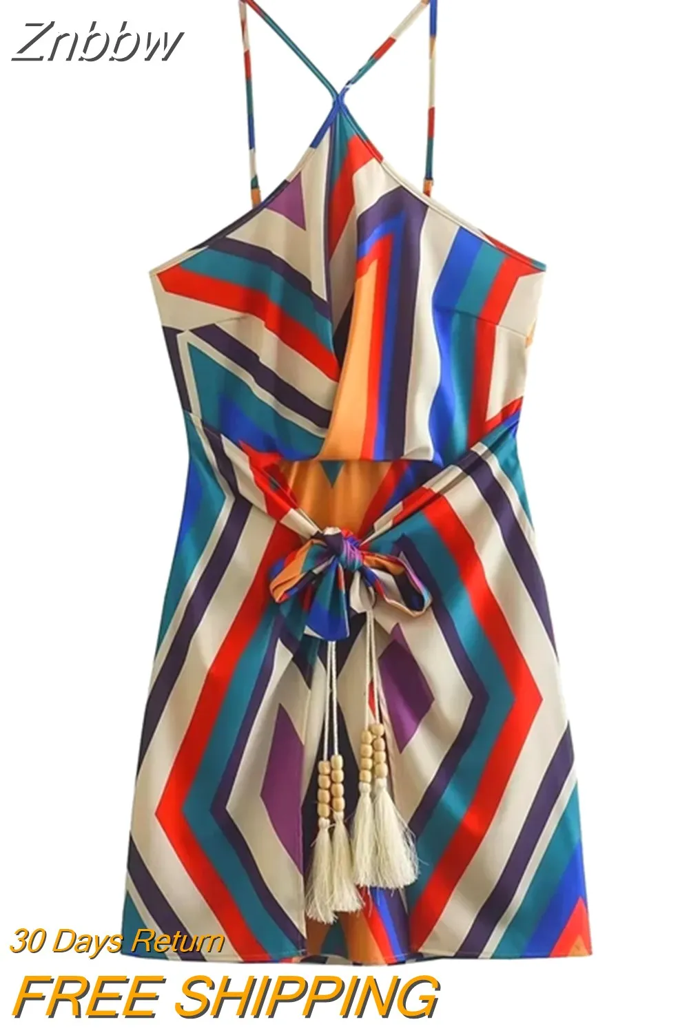 Znbbw 2023 Women Printed Suspender Dress Thin Shoulder Strap Sexy Sleeveless Slim Mini Dress F42 - Image 2