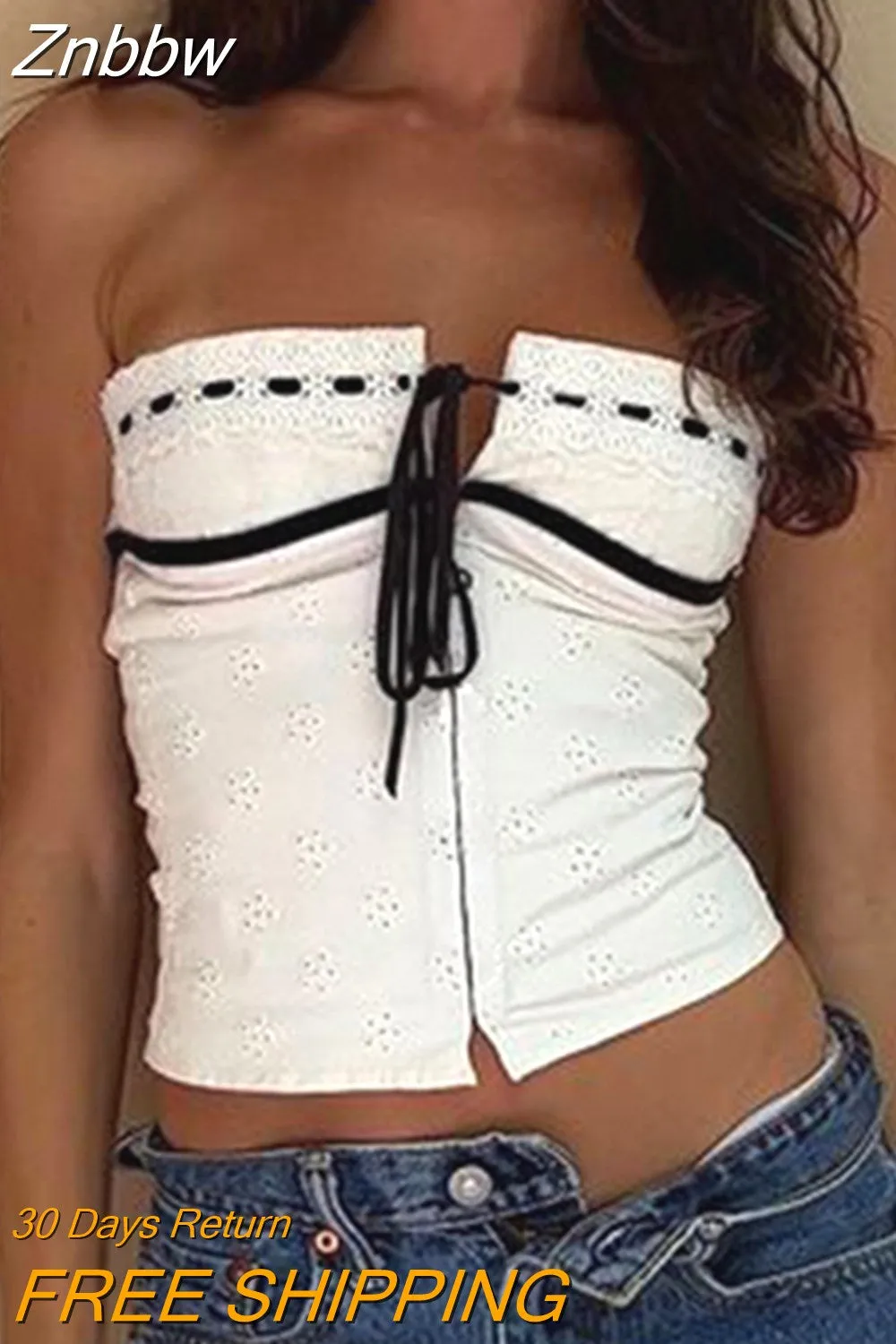 Znbbw Women Y2K Tube Crop Tops Sleeveless Bandage Buckle Lace up Casual Fairycore Grunge Spring Summer Tees Streetwear