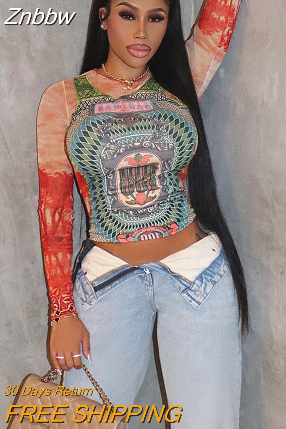 Znbbw Women Long Sleeve Graphic Mesh See Through Streetwear T Shirts Tops Tee 2023 Autumn Clothes Wholesale Items For Business - Image 2