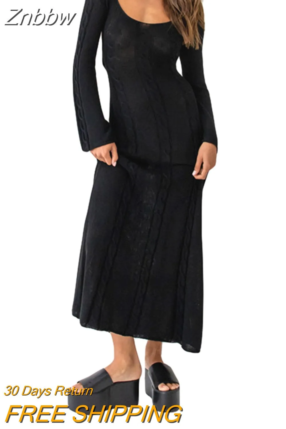 Znbbw Backless Bandage Cable-knit Long Dress Autumn 2023 Elegant Retro Solid Color Long Sleeve U-neck A-Line Party Dresses - Image 3