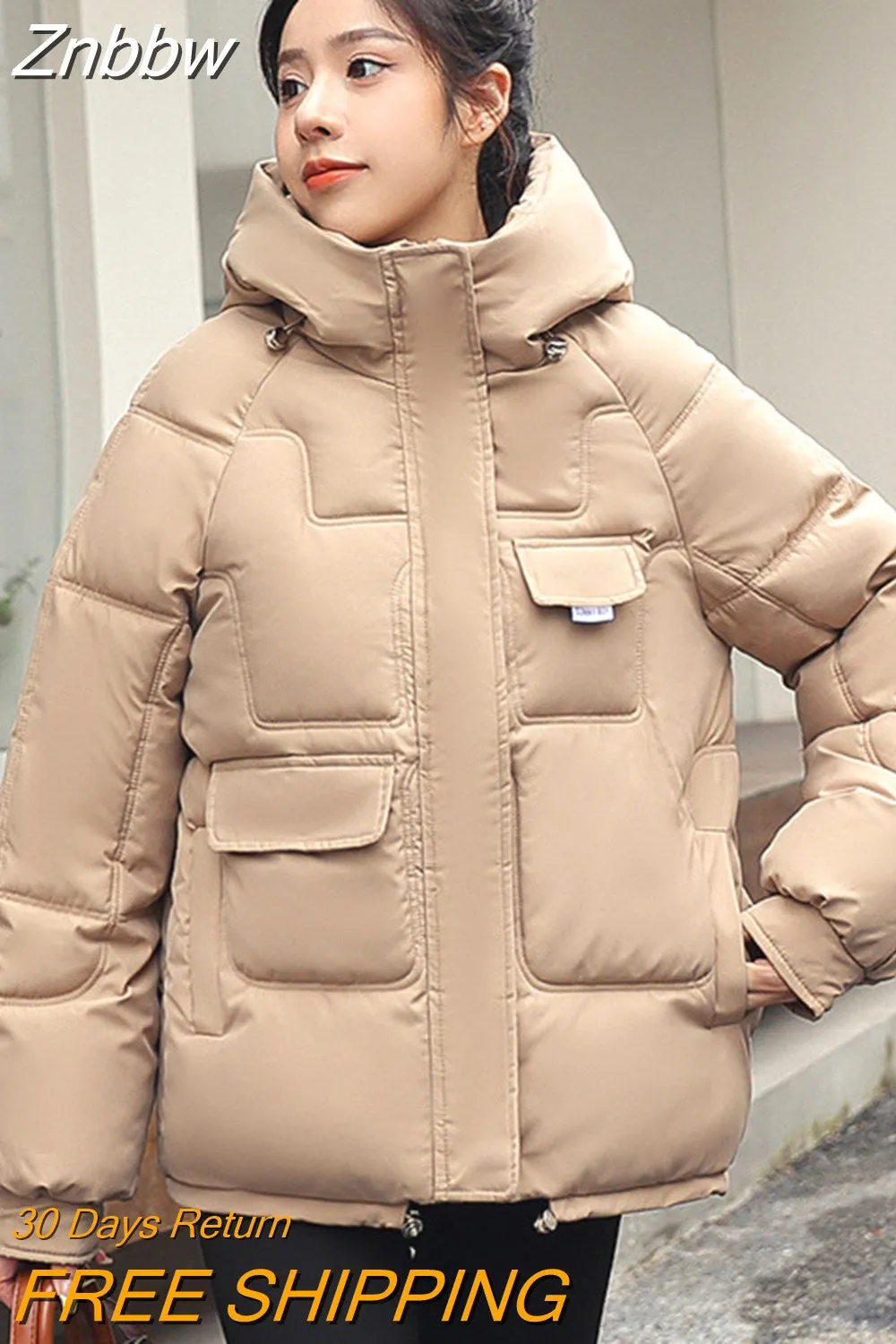 Znbbw Women Down Jacket 2023 Hit Winter New Thick Warm Cotton Down Padded Jacket Casual Sweety Solid Color Hooded Coat Jackets Outwear - Image 5