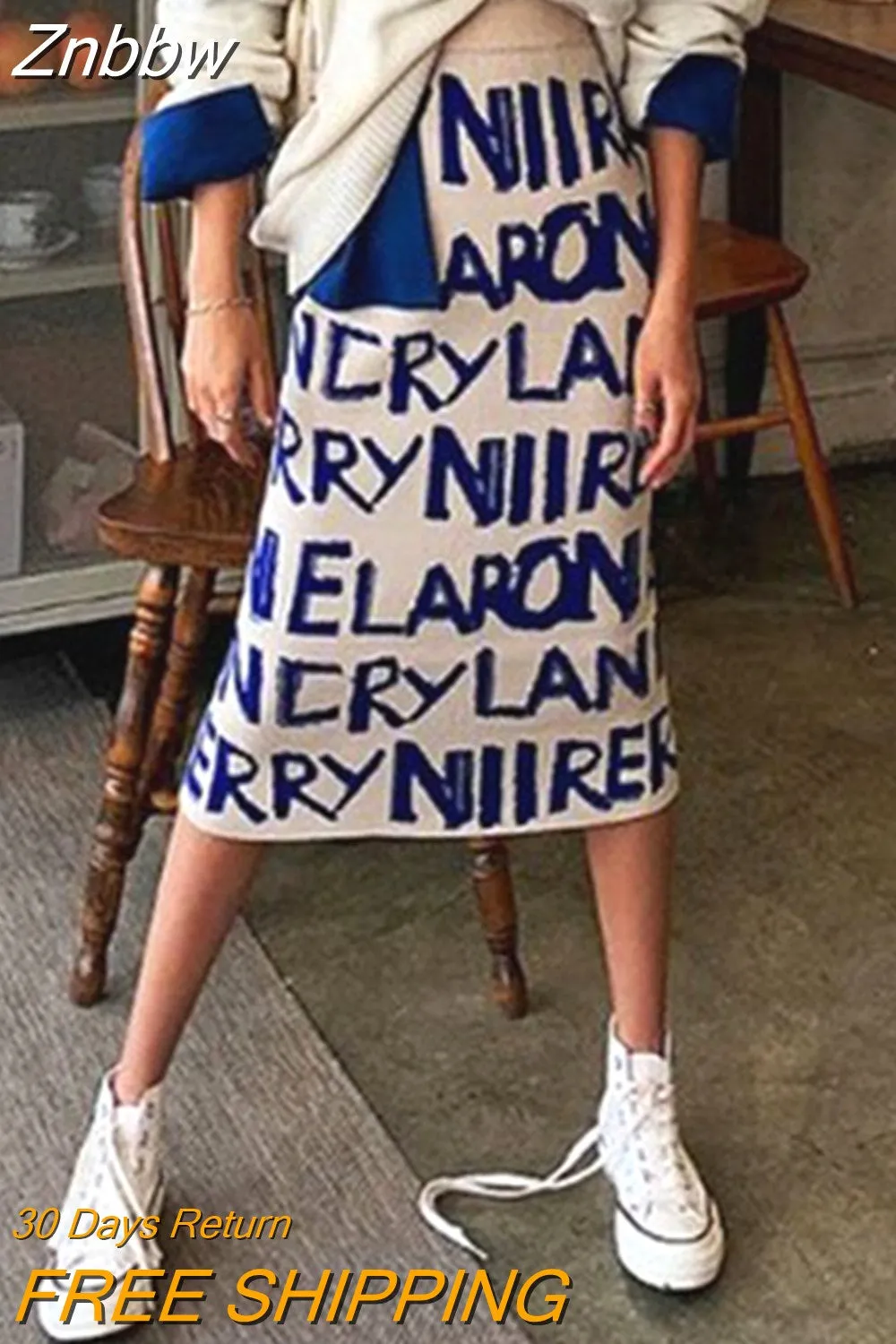 Znbbw Women's Letters Knit Skirt Autumn Winter New High Waist Split Straight Office Lady Long Warm Step Faldas female ML297