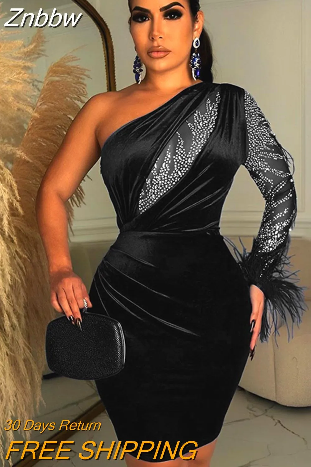 Znbbw Women Velvet Sexy Feather One Shoulder Mini Dress 2023 Long Sleeve Backless Elegant Gown Female Rhinestone Evening Dresses - Image 4