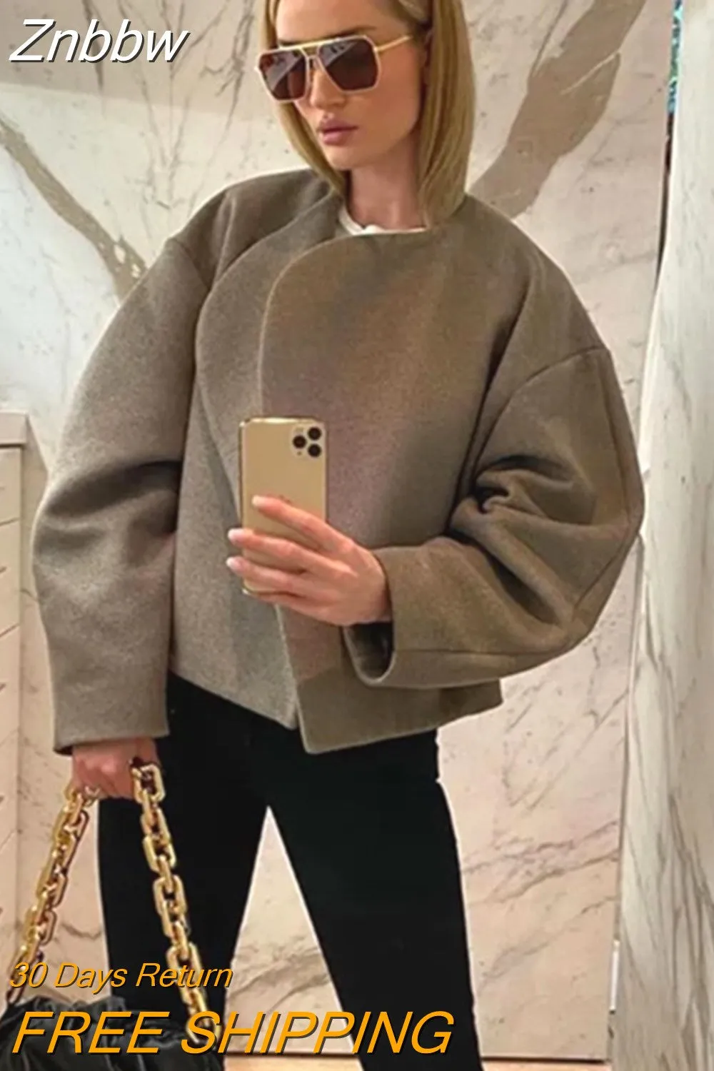 Znbbw Women's Fashion Solid Thicken Cropped Jacket Top Long Sleeve Warm Autumn Winter Cardigan Female Casual Loose Woolen Streetwear