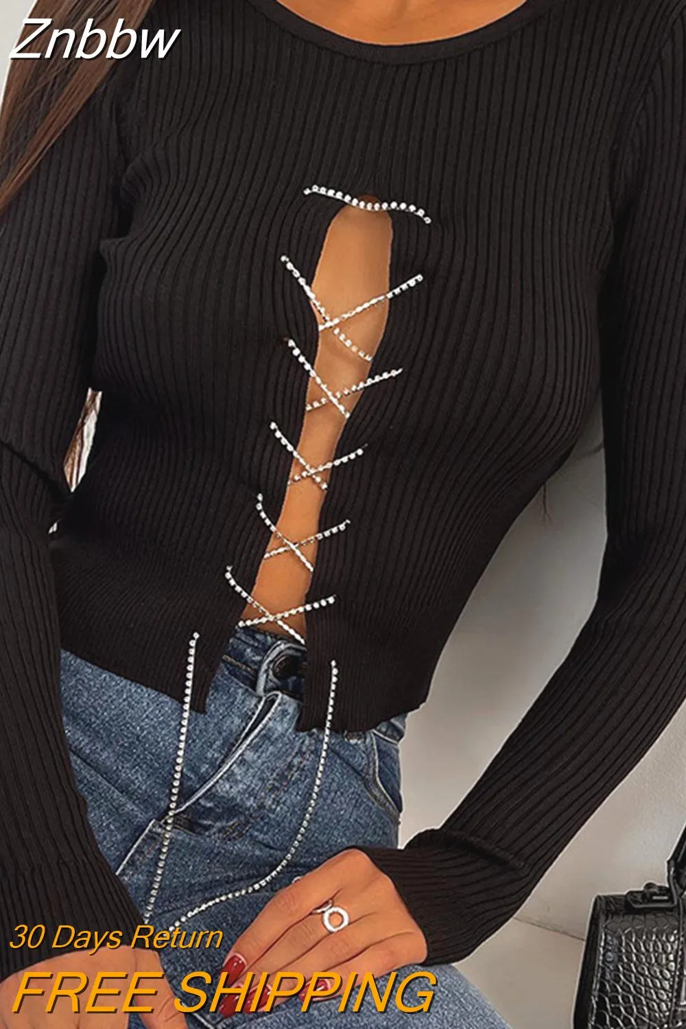 Znbbw Bandage Knit T-Shirt for Women Chic Casual Solid Color Long Sleeve O Neck Ribbed Crop Tops mujer - Image 2