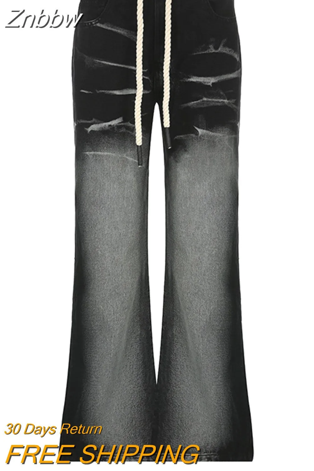 Znbbw Women Straight Baggy Trouser High Waist Vintage Black Washed Casual Wide Leg Jeans Drawstring Fashion Y2K Loose Denim Pants - Image 4