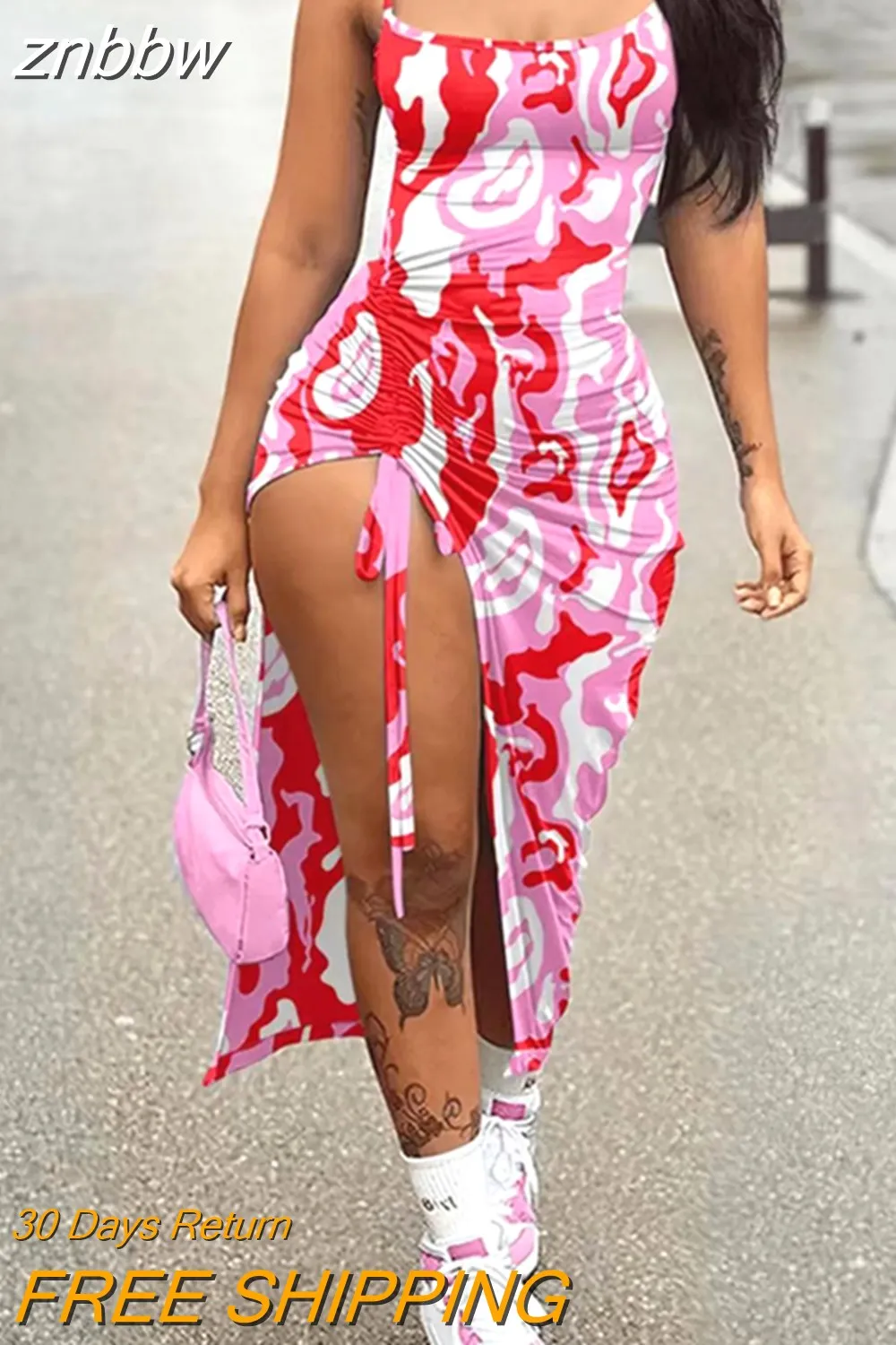 znbbw Red Printing Cami Long Dress Night Club Outfit For Women 2023 Summer Pink Bodycon Pleated Backless Split Maxi Dress 912 - Image 5