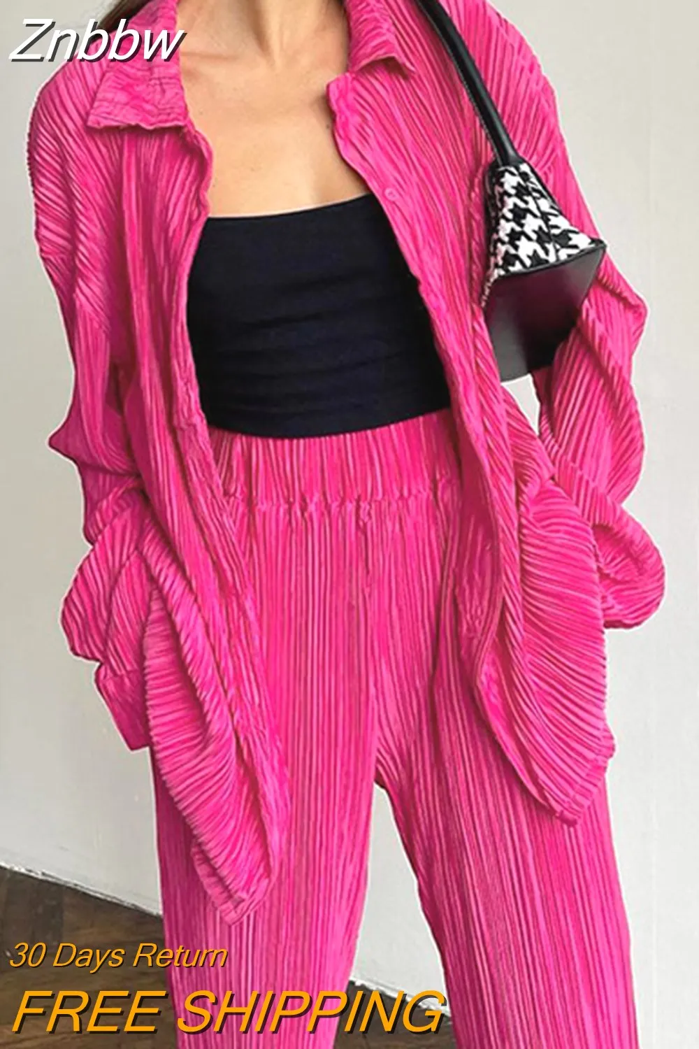 Znbbw Women Pleated Two Piece Sets Loose Wide Leg Trousers With Long Sleeve Blouses Elegant Casual Office Lady Home Suit Outfits Sets - Image 22