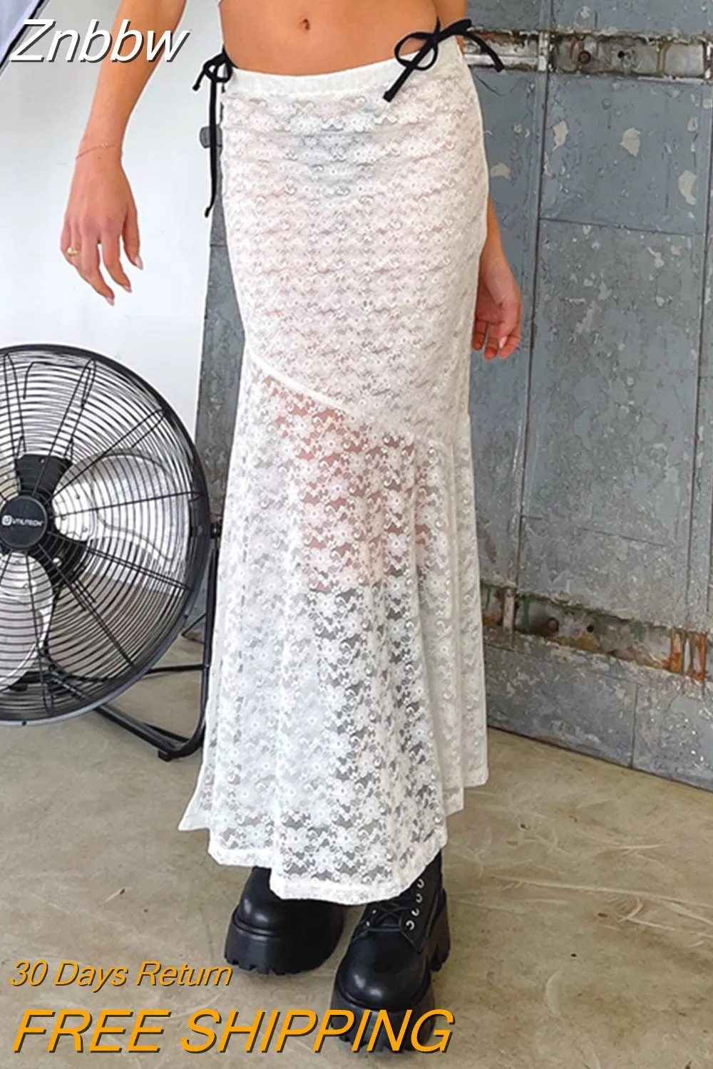 Znbbw Women Y2K Fairy Grunge Midi Skirt Vintage Lace Floral Mesh Sheer Ruffled Swing Long Hippie Skirt E-Girls Boho Beachwear - Image 3