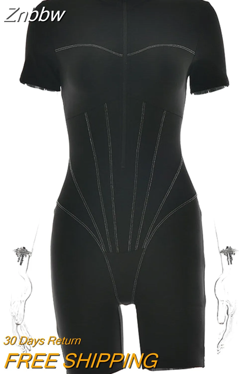 Znbbw 2023 Sexy Zipper Deep V Neck Short Sleeve Jumpsuit Bodycon Rompers Women Fitness Bodysuit Skinny Casual Playsuit - Image 4