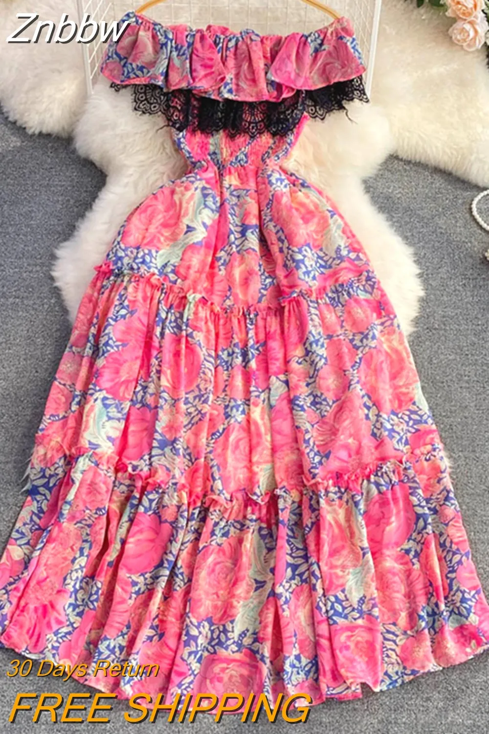 Znbbw Women Summer Dress Off Shoulder Open Shoulder Lotus Leaf Edge Close Waist Slim Print A-line  Big Hem Long Dress D2803 - Image 5