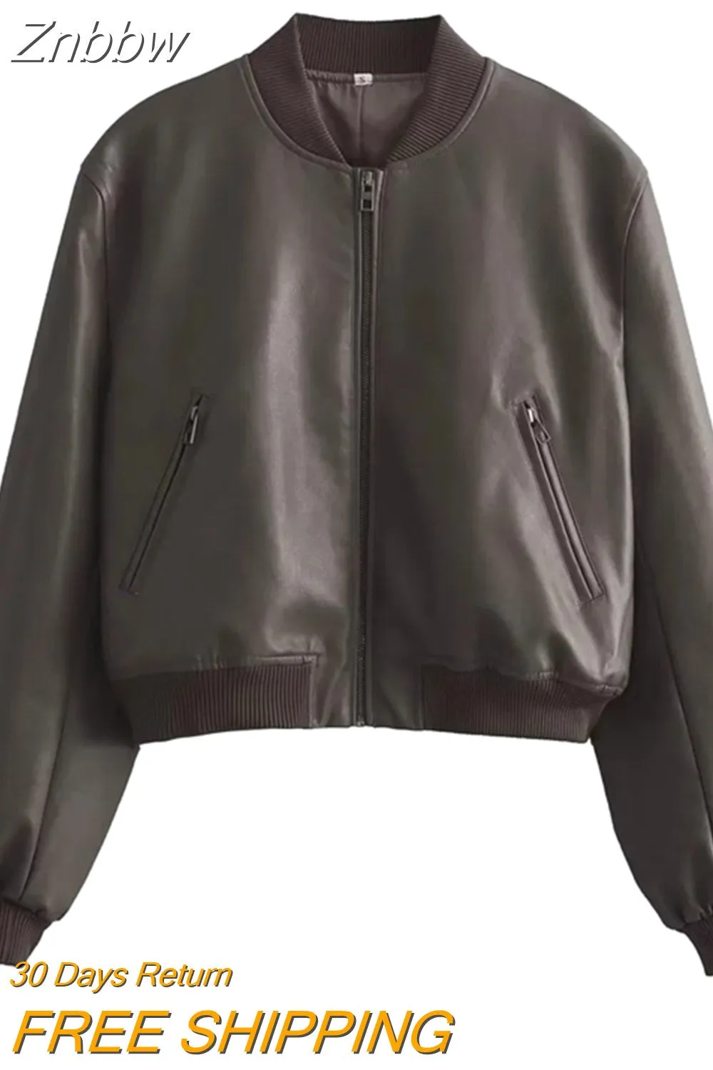 Znbbw Women's Vintage Solid Zipper PU Leather Bomber Jacket Casual Female Cropped Coat 2023 Lady Spring Autumn Jackets Street Wear - Image 8