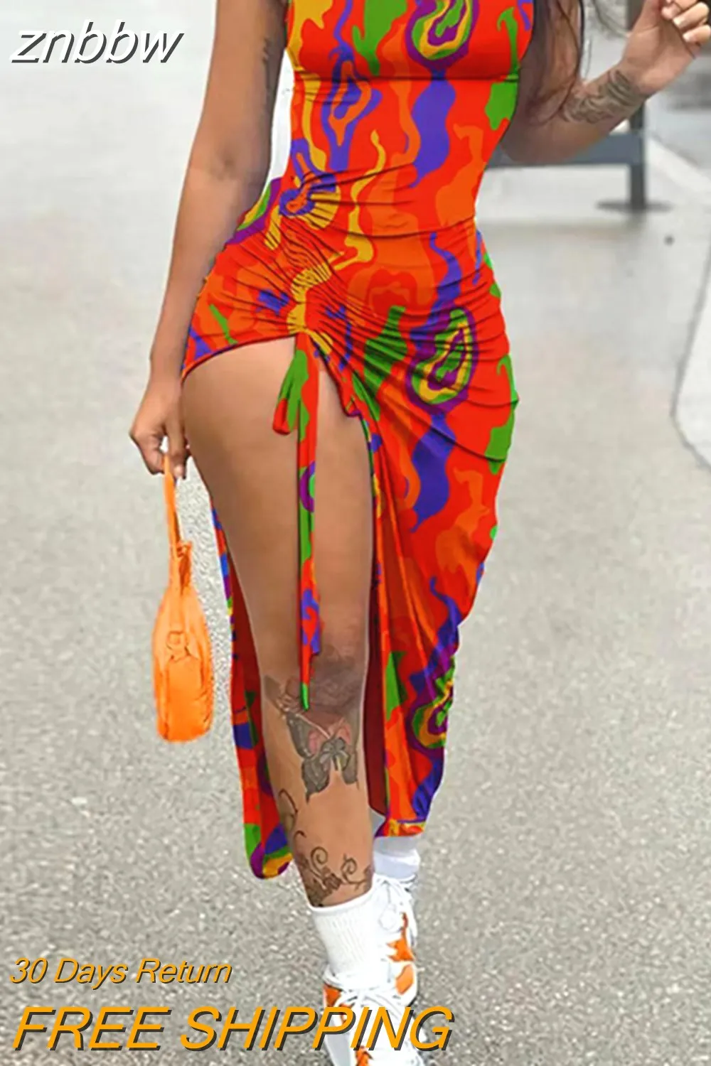 znbbw Red Printing Cami Long Dress Night Club Outfit For Women 2023 Summer Pink Bodycon Pleated Backless Split Maxi Dress 912 - Image 3