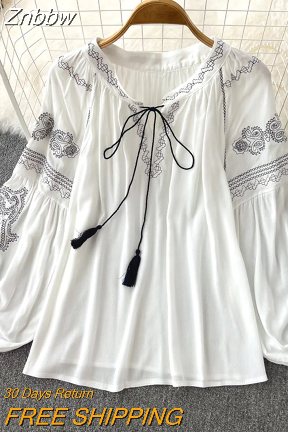 Znbbw Versatile Embroidery Shirt Women's Spring Autumn 2023New V-Neck Long Sleeve Bohemian Loose Blouse Womens Tops G06 - Image 8