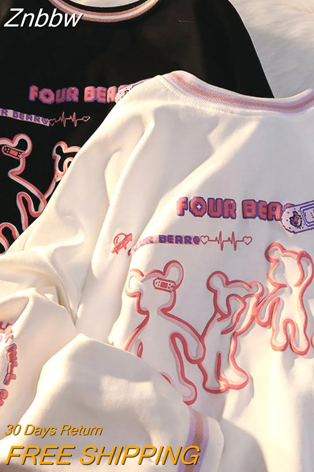 Znbbw bear biggorange loose pullover hoodie women college style Summer sweatshirt round neck fun bear print long-sleeved tops