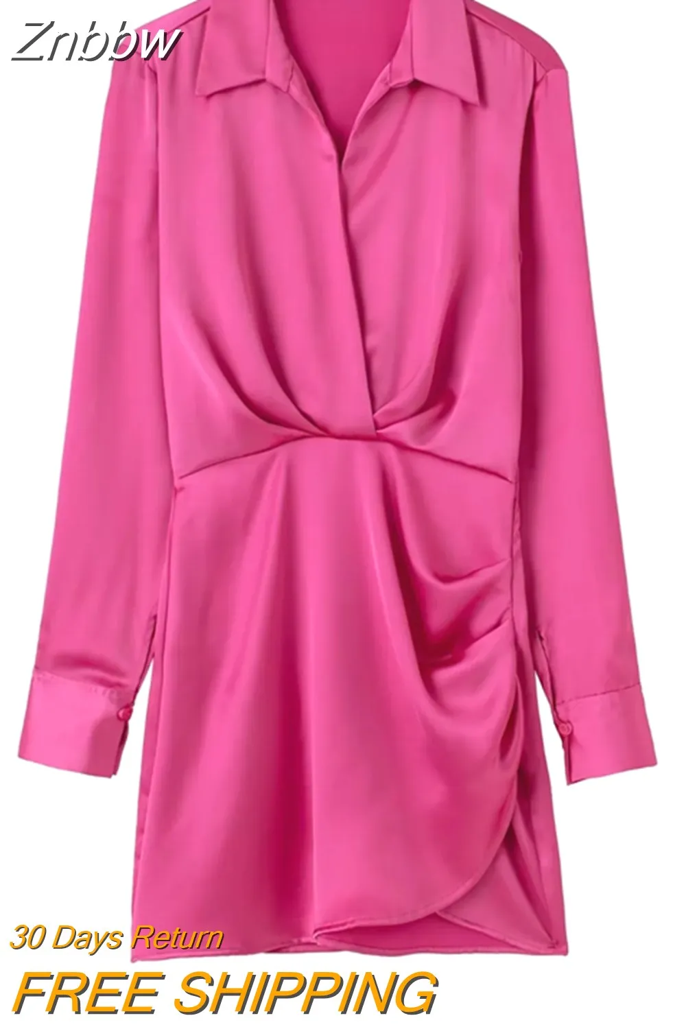 Znbbw 2023 Women Fashion Pleated Soft Touch Wrap Mini Dress Vintage Long Sleeve Side Buttons Female Dresses Vestidos 202304 - Image 8