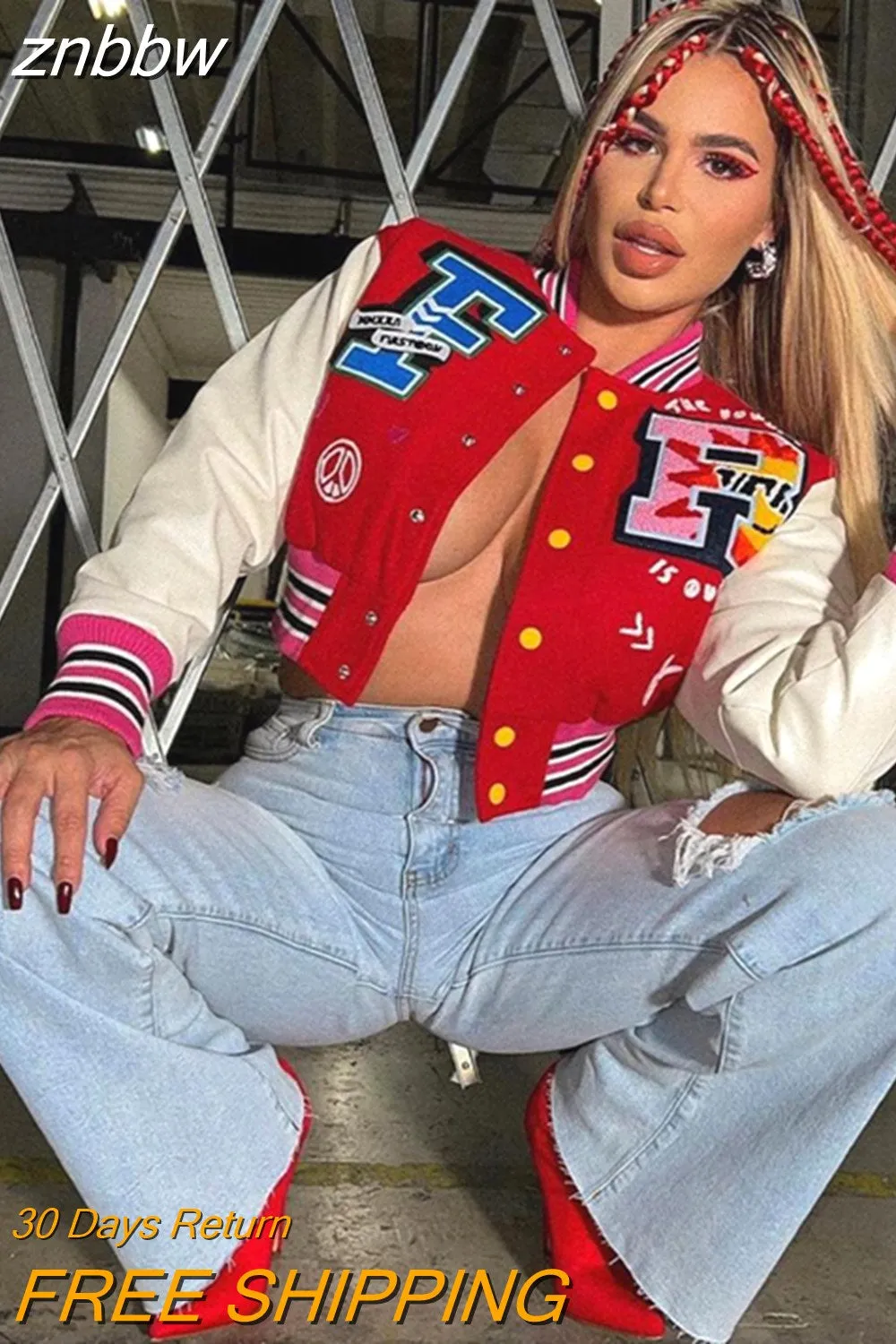 znbbw Autumn Letter Print Patchwork Varsity Jackets Casual Outfit For Women 2023 Long Sleeve Button Up Cropped Jacket Female