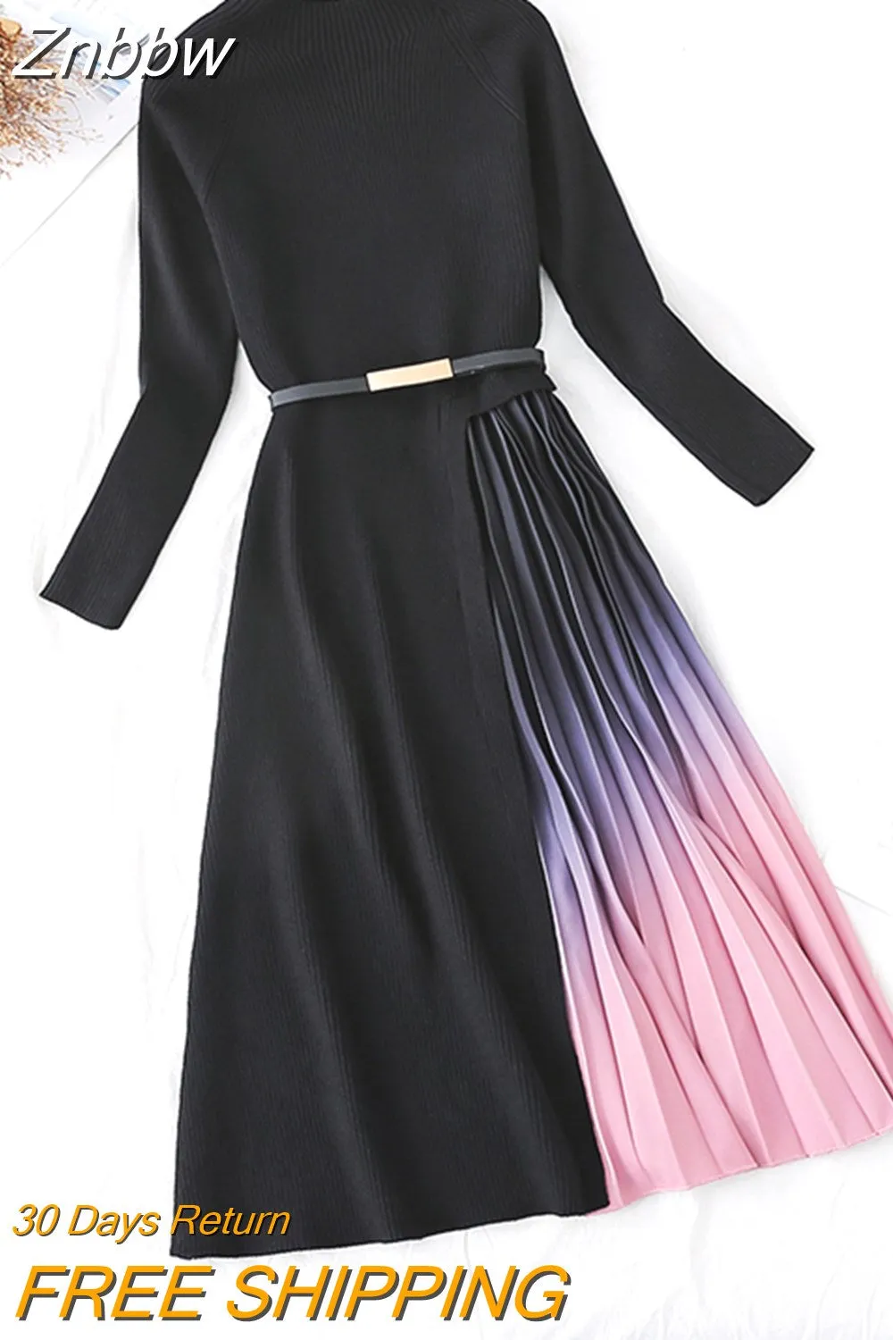 Znbbw Winter Elegant Knitted Patchwork Gradient Print Pleated Dress Women Long Sleeve Office One-Piece Sweater Dress With Belt - Image 4