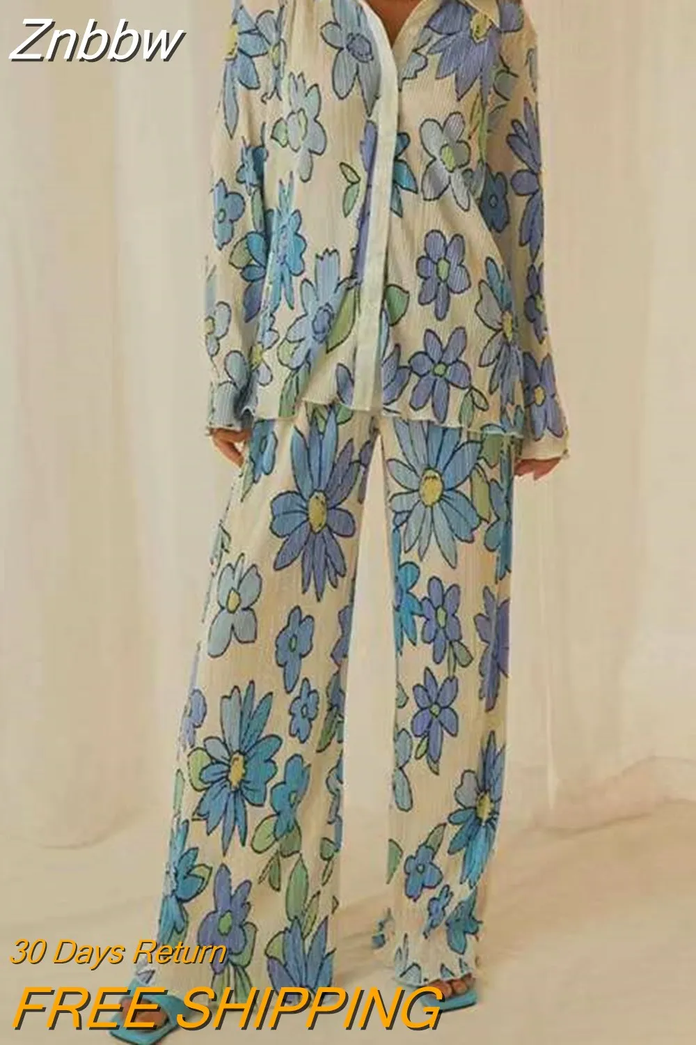 Znbbw Women's Floral Pleated Set Long Sleeve Blouses With High Waist Pants Two Piece Set Elegant Loose Two Piece Sets Womens Outifits - Image 4