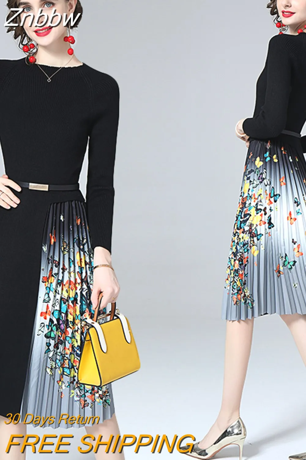 Znbbw Women Thick Sweater Dress Winter Crewneck Long Sleeve Elastic Stitching Butterflies Printing Pleated Knitted Dress Robe - Image 4