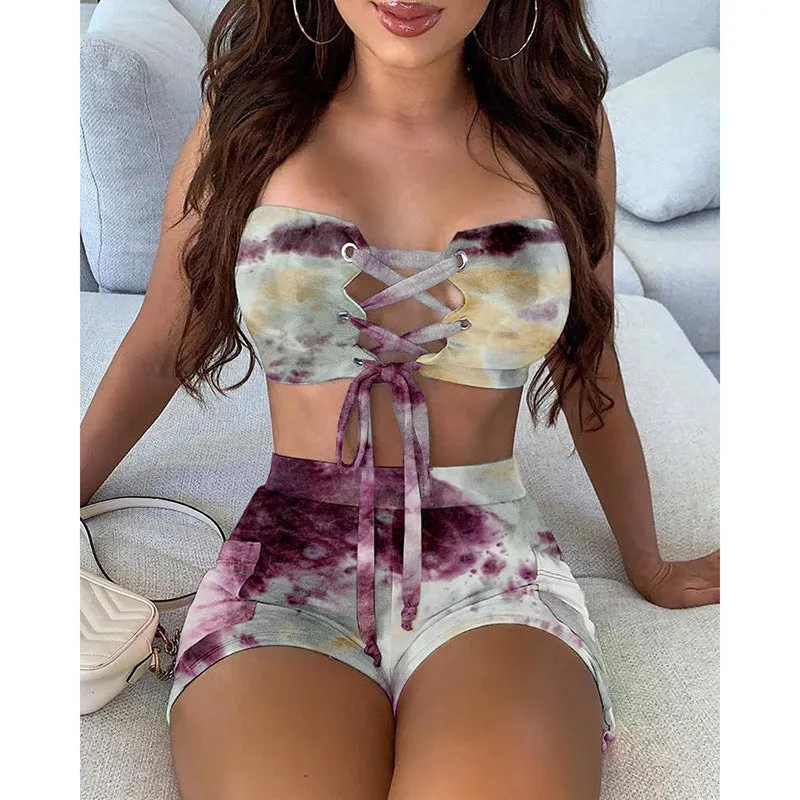 Znbbw Women's Wear 2024 Summer Fashion Tie-Dye Printed Sexual Lace Shorts Suit - Image 3