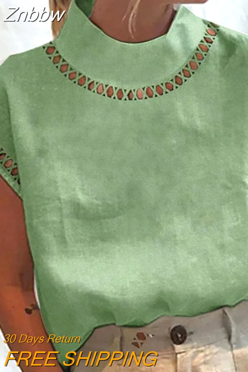 Znbbw Women Solid Hollow Out Tops Summer Turtleneck Cotton Linen Breathable Blouses Casual Loose Short Sleeve Office Shirt Pullover - Image 10