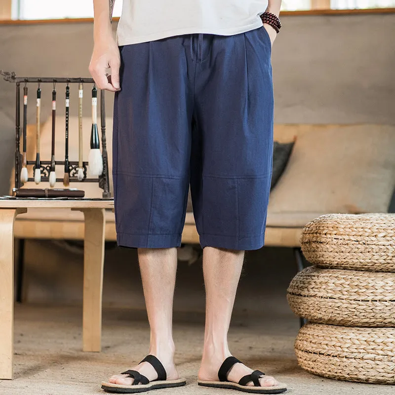 Men Summer Cotton Linen Retro Trend Horse Pants Wear Linen Casual Sports Loose Seven Points Beach Pants - Image 2