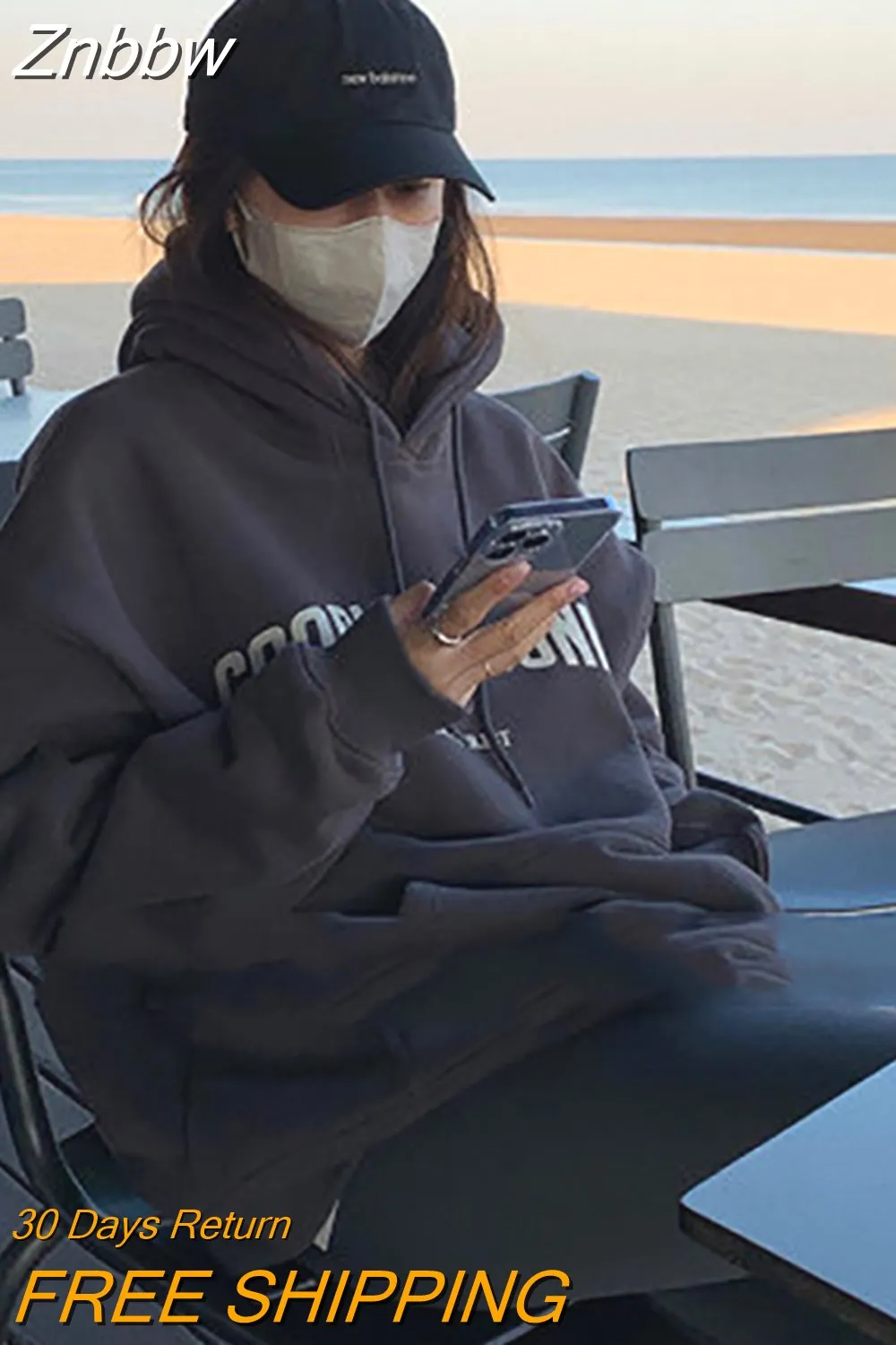 Znbbw Women Vintage Sweatshirt Letter Printing Oversized Grey Autumn Winter Hoodies Y2K Cothes Female Fleece Hoodie Tops Pullover - Image 5