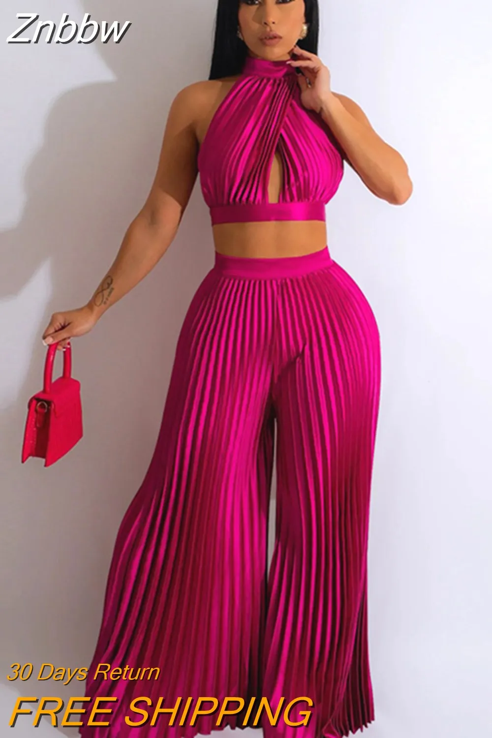 Znbbw Women Pleated Halter Lace Up Sleeveless Pant Suits 2023 Summer New Party Outfits Lady Fashion Top Wide Leg Pants Two Piece Set - Image 5