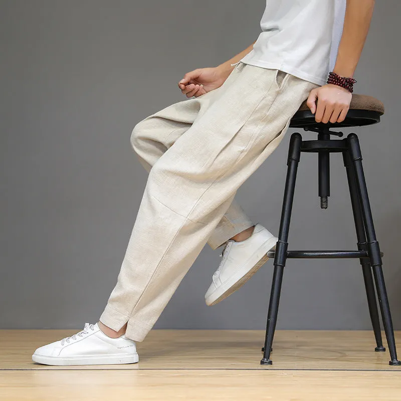 Plus Size Pants Men Cotton Linen Casual Pants Loose Plus Size Small Feet Harun Pants Solid Color Linen Trousers Men - Image 3