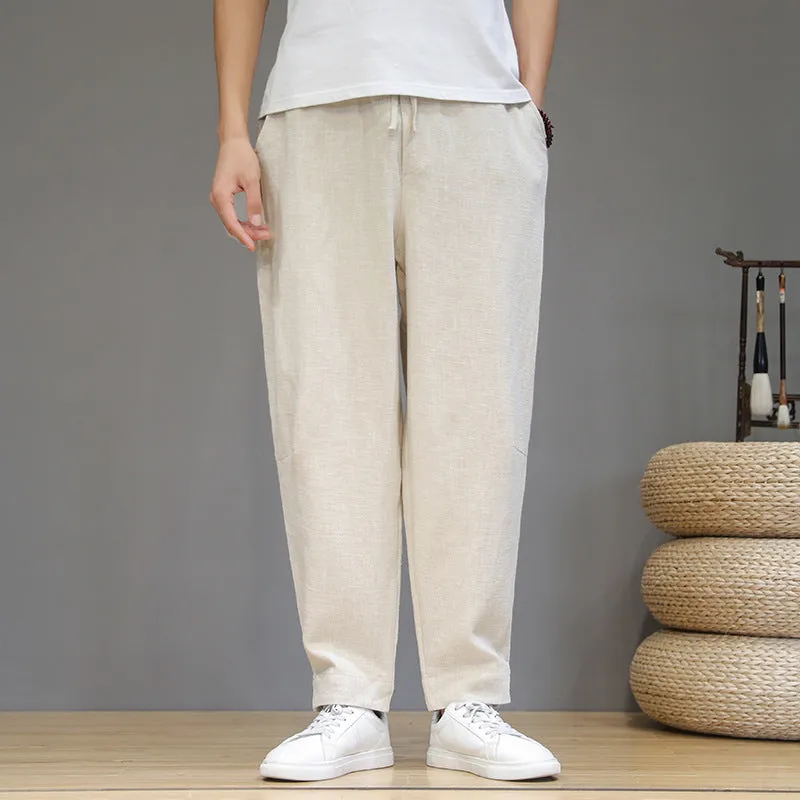 Plus Size Pants Men Cotton Linen Casual Pants Loose Plus Size Small Feet Harun Pants Solid Color Linen Trousers Men - Image 8