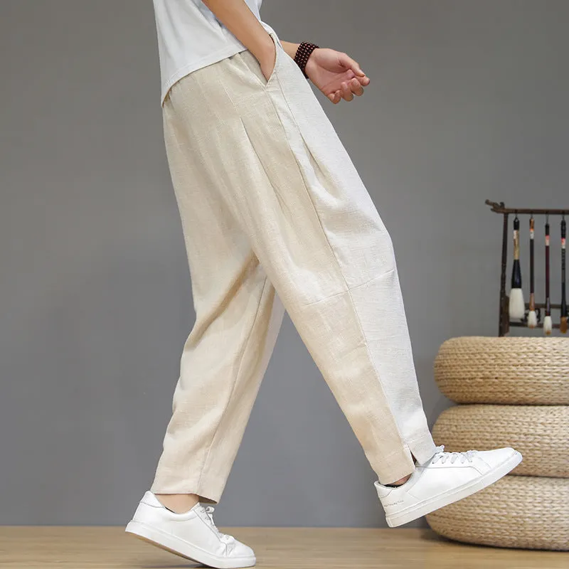 Plus Size Pants Men Cotton Linen Casual Pants Loose Plus Size Small Feet Harun Pants Solid Color Linen Trousers Men - Image 2
