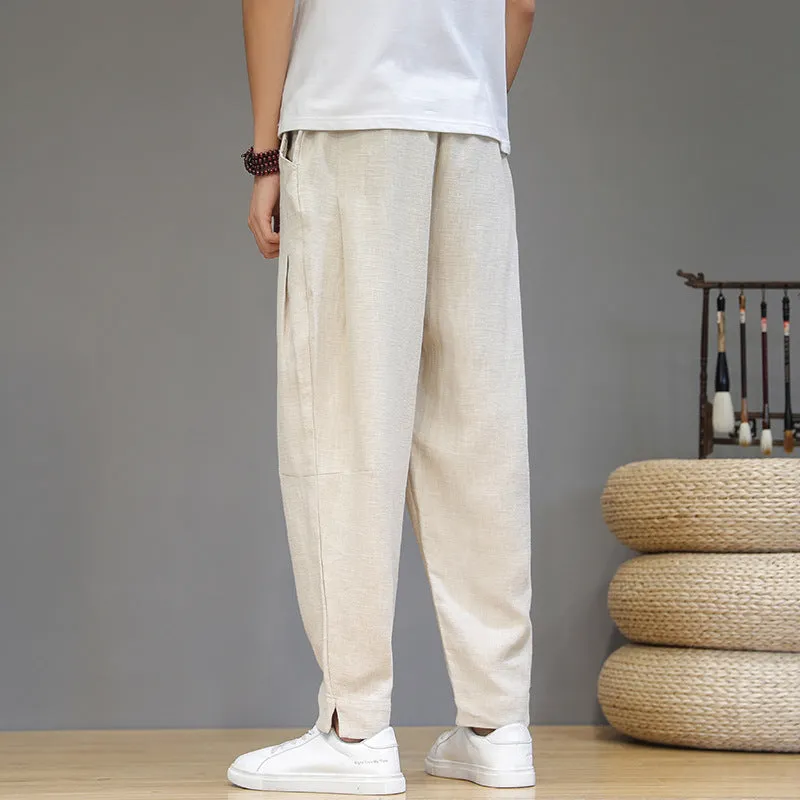 Plus Size Pants Men Cotton Linen Casual Pants Loose Plus Size Small Feet Harun Pants Solid Color Linen Trousers Men - Image 5