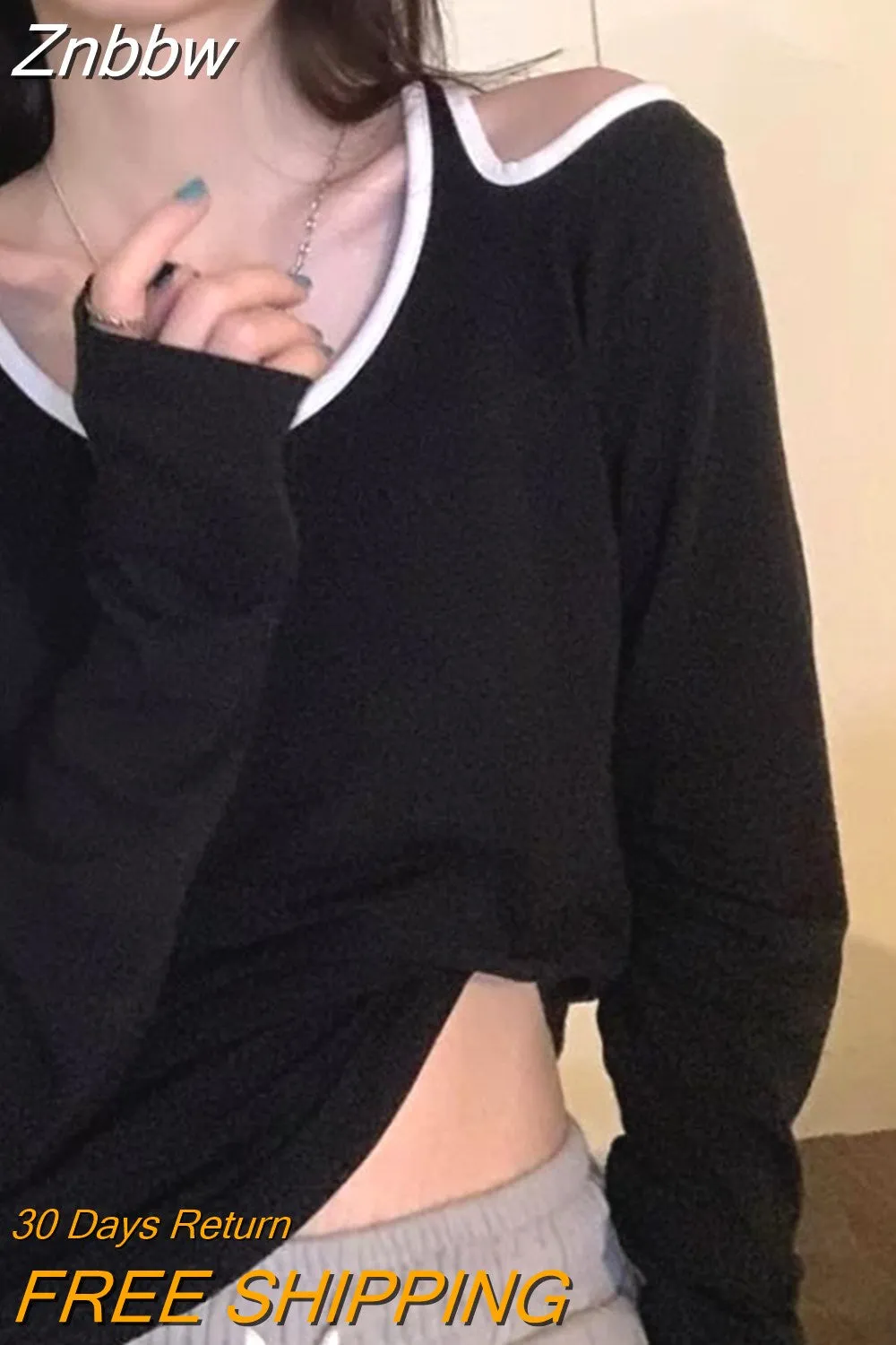 Znbbw Y2K Harajuku T Shirts Women Sexy Long Sleeve Slim Tee Summer Off Shoulder Hollow Out O-neck Tops Gothic Streetwear Kpop - Image 3