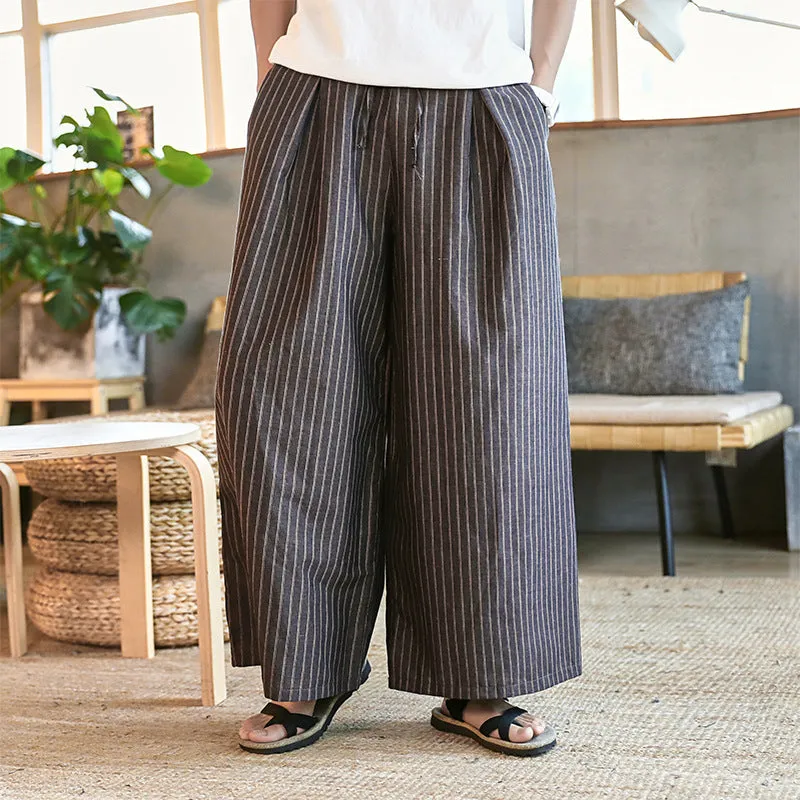 Pants Men's Baggy Big Leg Pants Casual Pants Wide Leg Harun Pants 2024 Versatile Cotton Linen Long Pants Striped Pants Skirt - Image 8