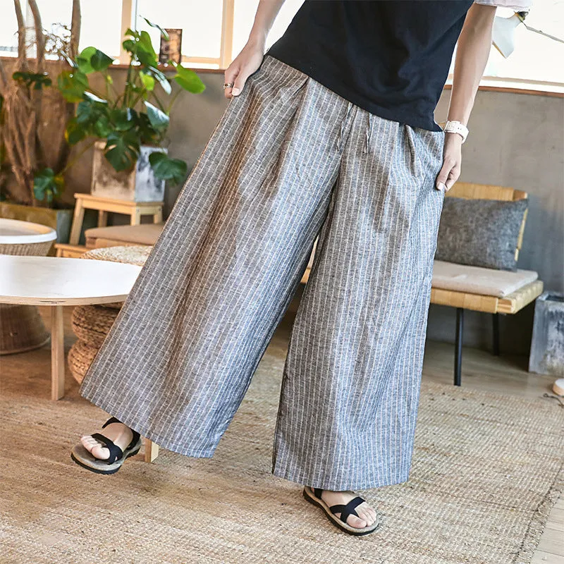Pants Men's Baggy Big Leg Pants Casual Pants Wide Leg Harun Pants 2024 Versatile Cotton Linen Long Pants Striped Pants Skirt - Image 2