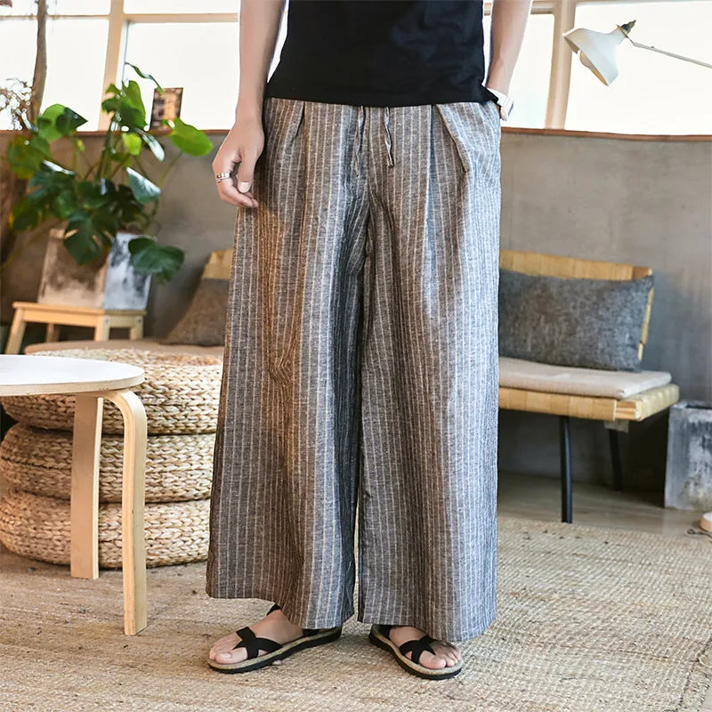 Pants Men's Baggy Big Leg Pants Casual Pants Wide Leg Harun Pants 2024 Versatile Cotton Linen Long Pants Striped Pants Skirt - Image 6