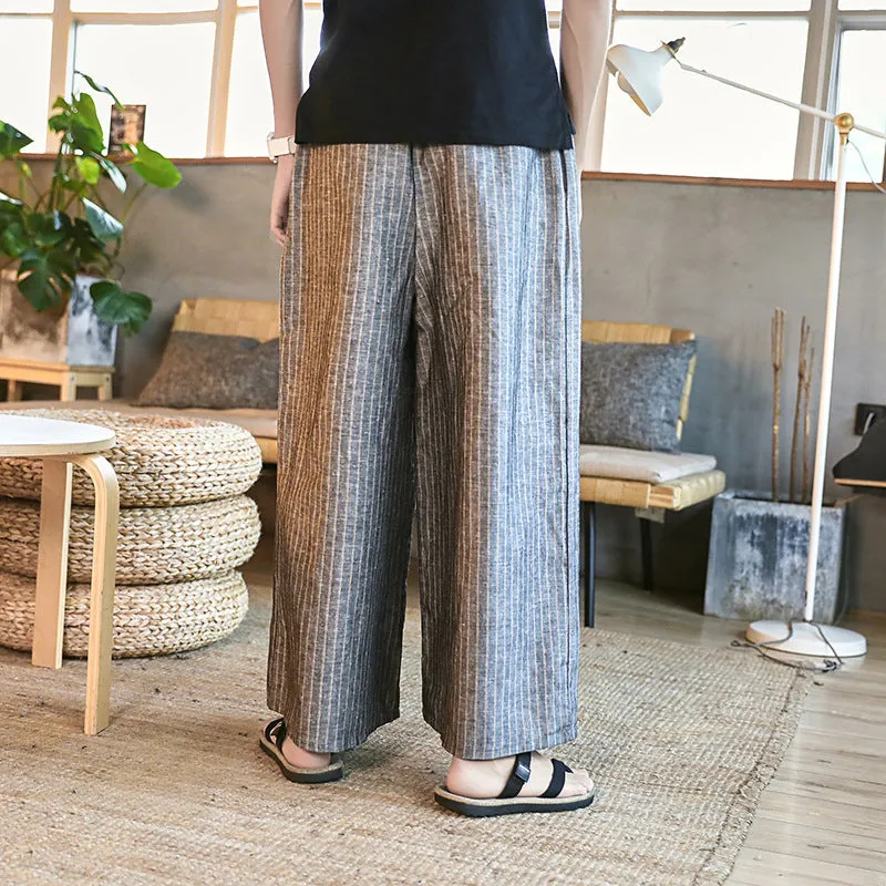 Pants Men's Baggy Big Leg Pants Casual Pants Wide Leg Harun Pants 2024 Versatile Cotton Linen Long Pants Striped Pants Skirt - Image 4