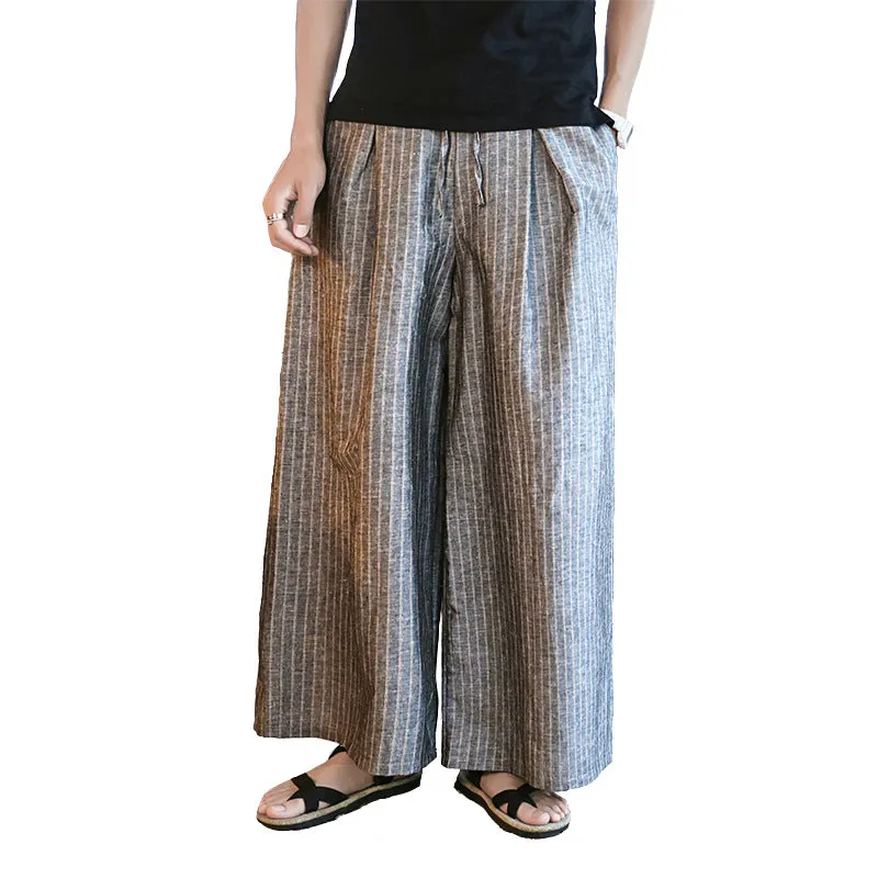 Pants Men's Baggy Big Leg Pants Casual Pants Wide Leg Harun Pants 2024 Versatile Cotton Linen Long Pants Striped Pants Skirt - Image 5