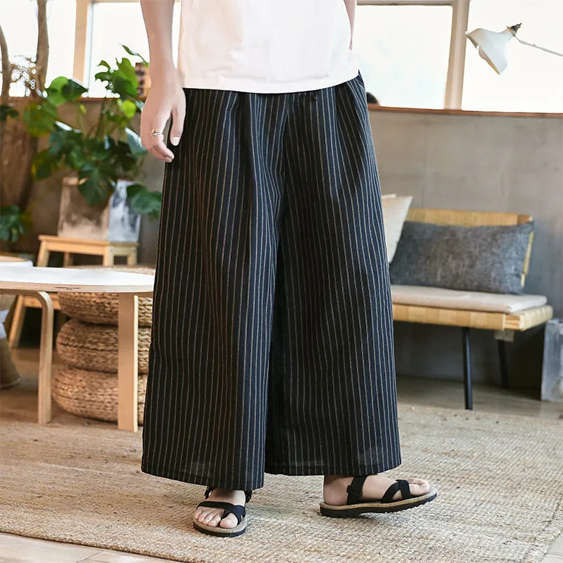 Pants Men's Baggy Big Leg Pants Casual Pants Wide Leg Harun Pants 2024 Versatile Cotton Linen Long Pants Striped Pants Skirt - Image 7