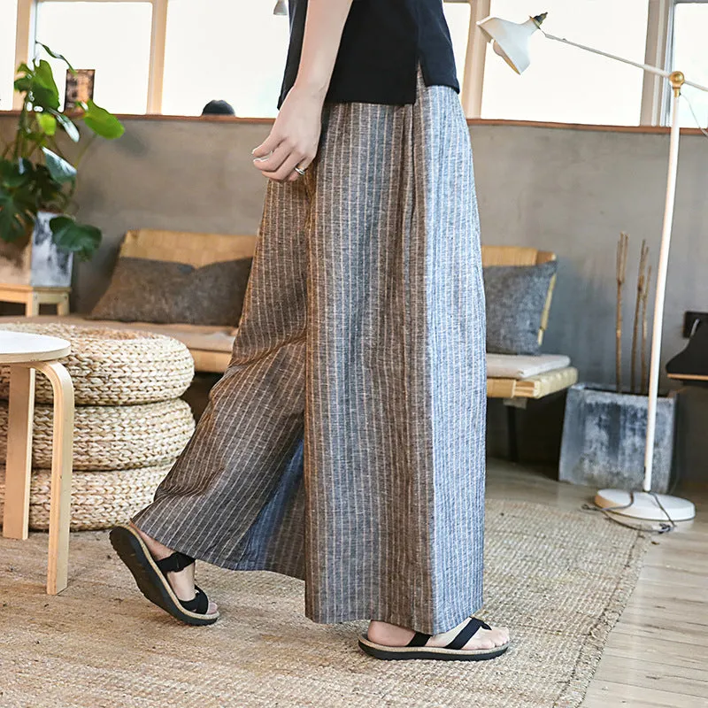 Pants Men's Baggy Big Leg Pants Casual Pants Wide Leg Harun Pants 2024 Versatile Cotton Linen Long Pants Striped Pants Skirt - Image 3