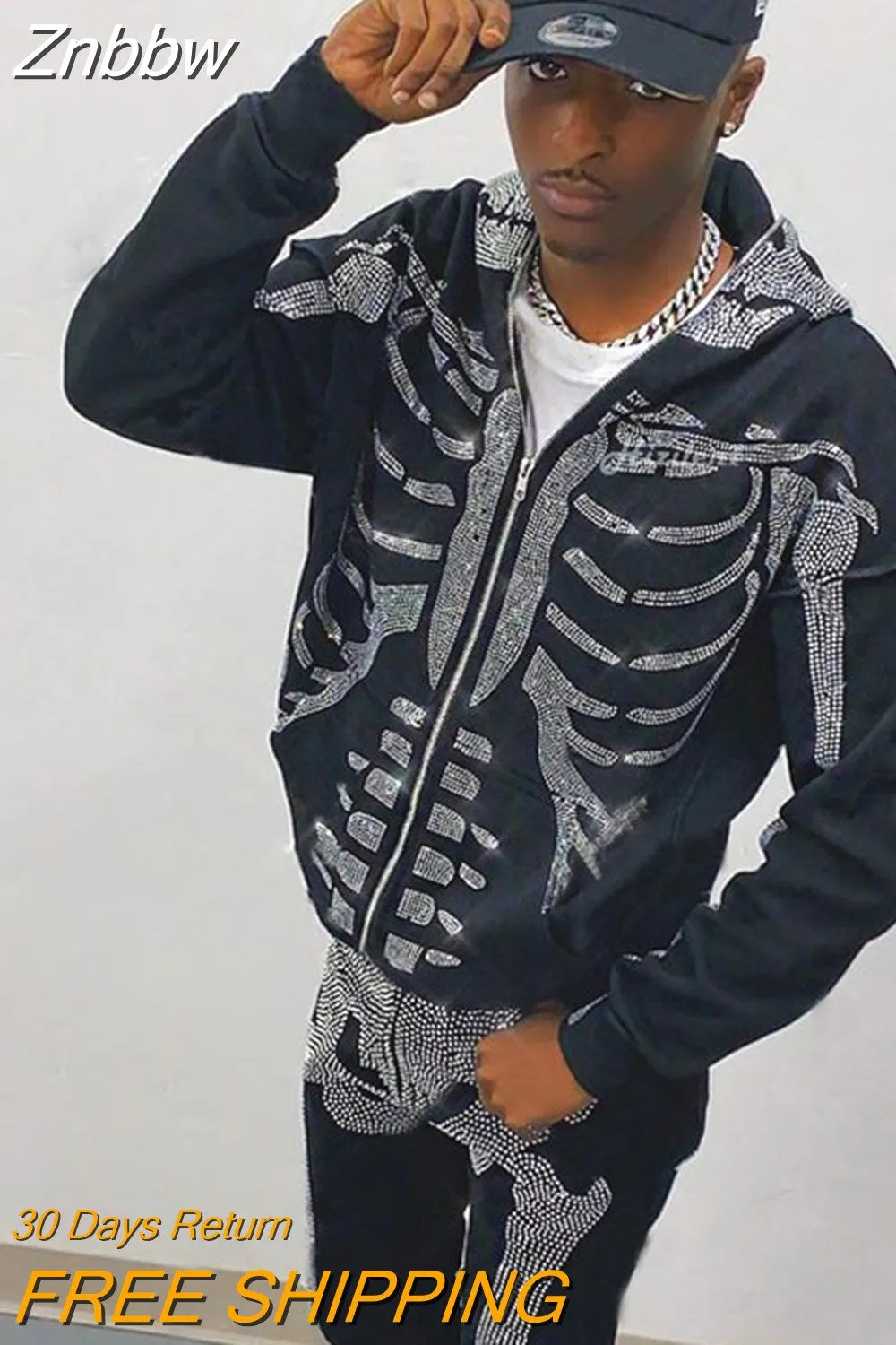 Znbbw Hop Joggers Sweatshirt 2023 Men Korean Fashion Punk Sport Coat Pullover Rhinestone Gothic Long Sleeve Zip Hoodies Y2k Jacket - Image 4