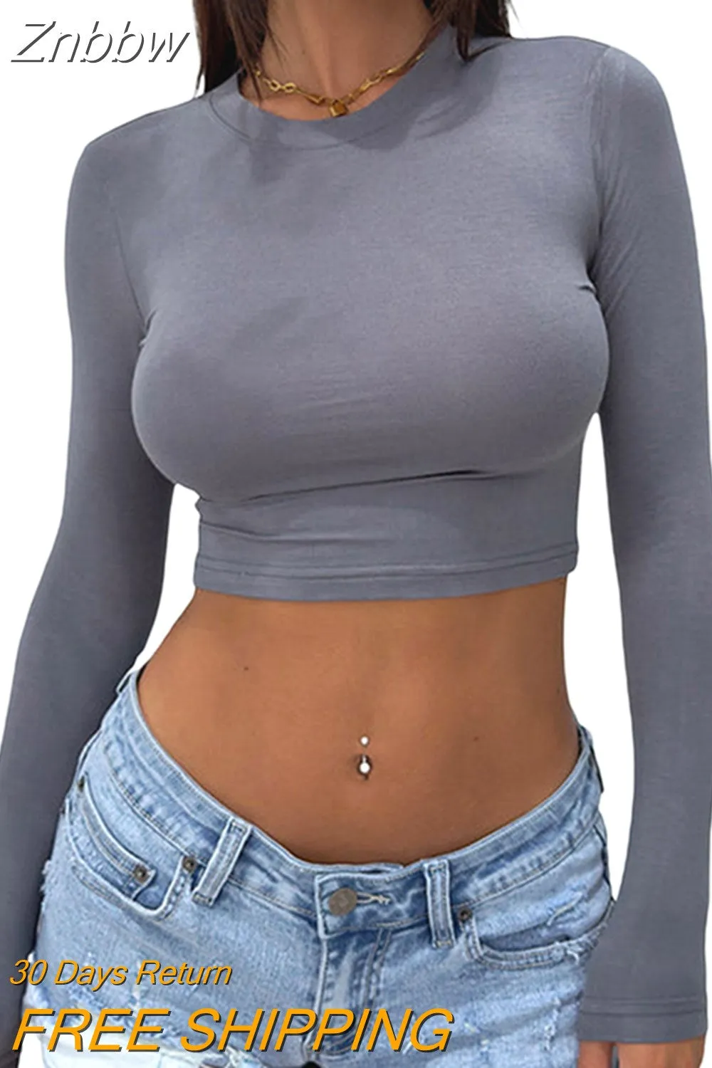 Znbbw Autumn Casual T-Shirts For Women Long Sleeve Stretchy O-Neck All-Match Slim Fit Pullover Crop Tops y2k Clothes - Image 2