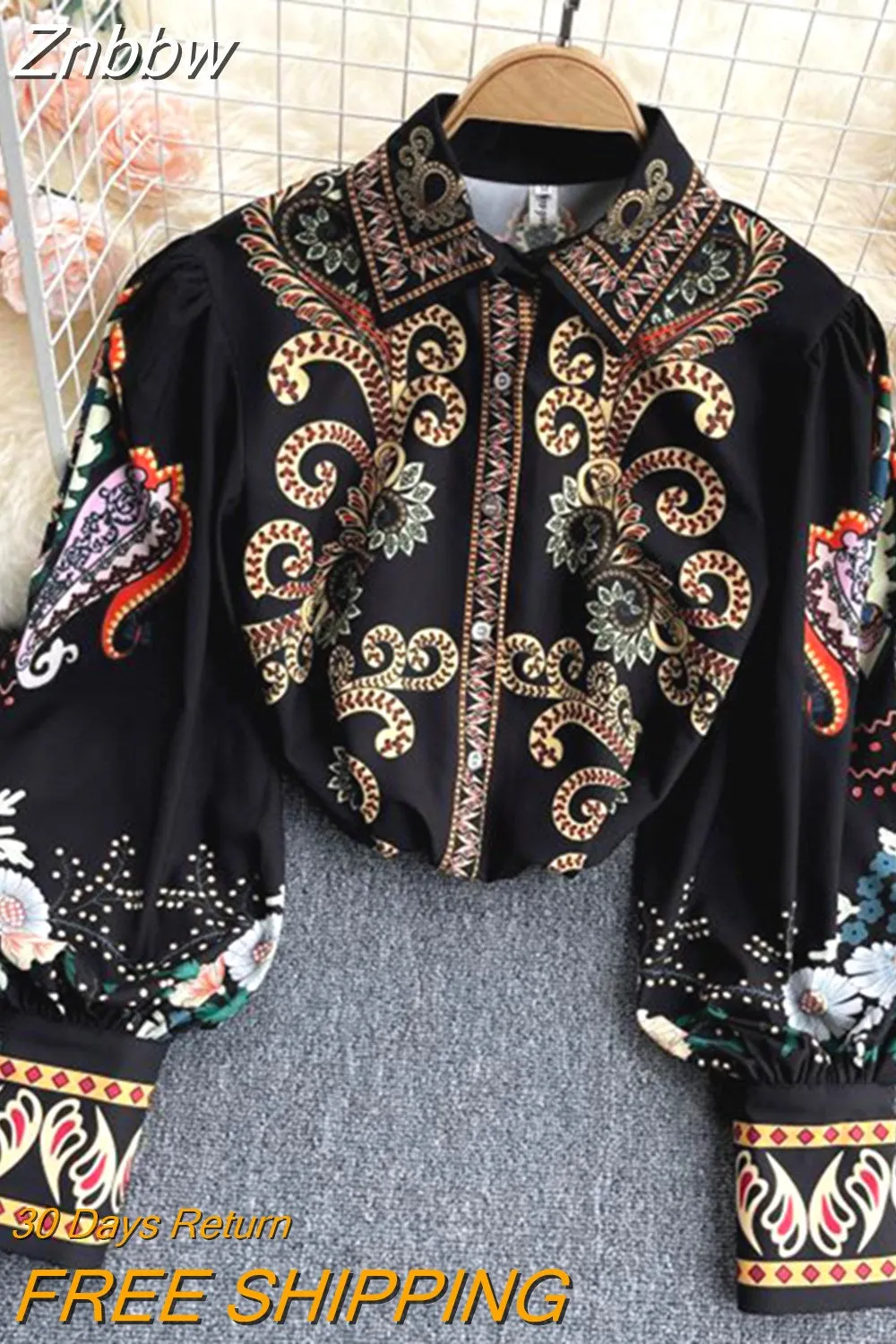 Znbbw Spring Autumn Fashion New Retro Blouse Female Field Totem Printing Lantern Sleeve Lapel Blusa All-match Shirt GK330