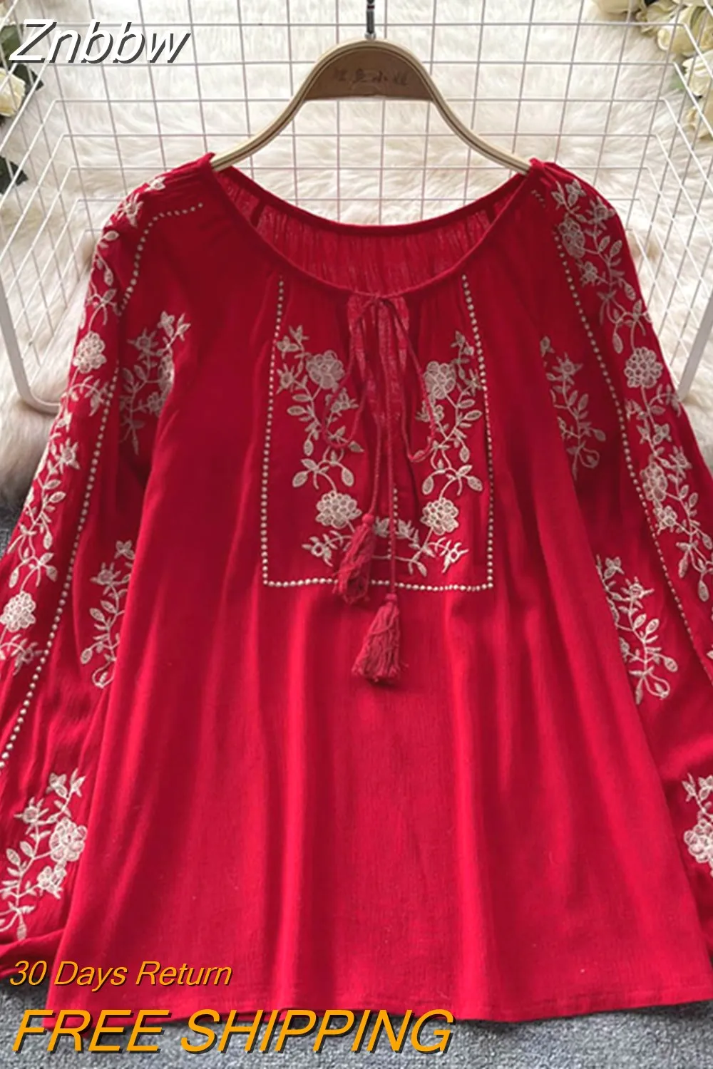 Znbbw Women Spring Summer Blouse French Printed Shirt New Loose Long Sleeve Design Small Retro Lantern Sleeve Embroidery Top D2532 - Image 9